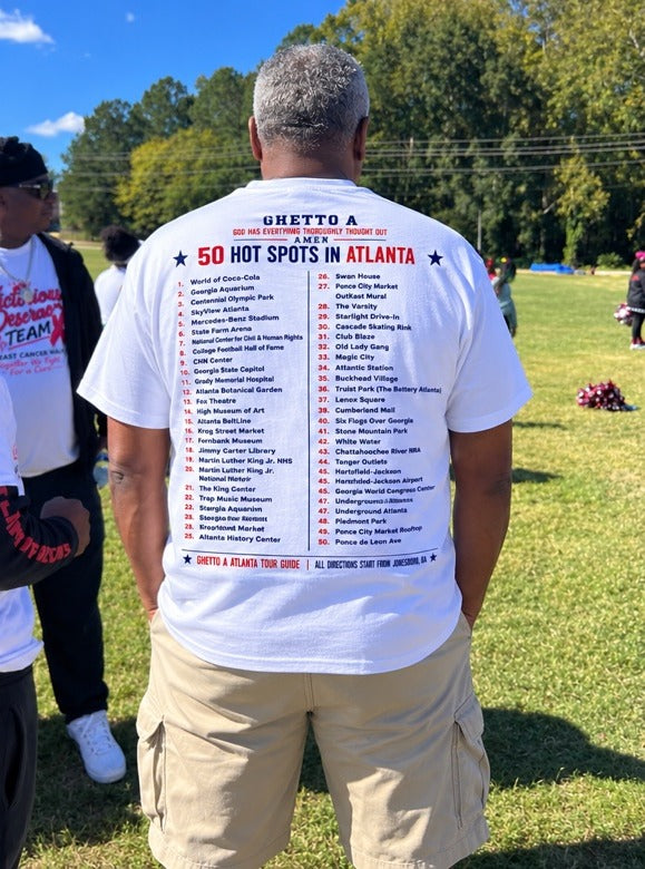 Map of Atlanta Tee — back, GHETTO A 50 Hot Spots in Atlanta list, worn