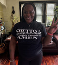 Woman wearing the GHETTO A acronym tee