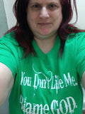 Woman wearing the Blame GOD tee